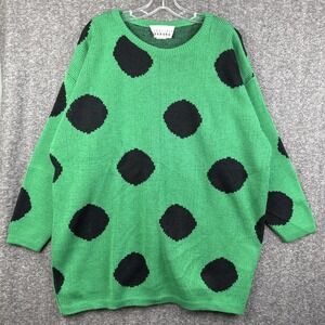 Vintage 90s Carolina Colours Sweater‎ Green Black Polka Dot Acrylic Made USA OS